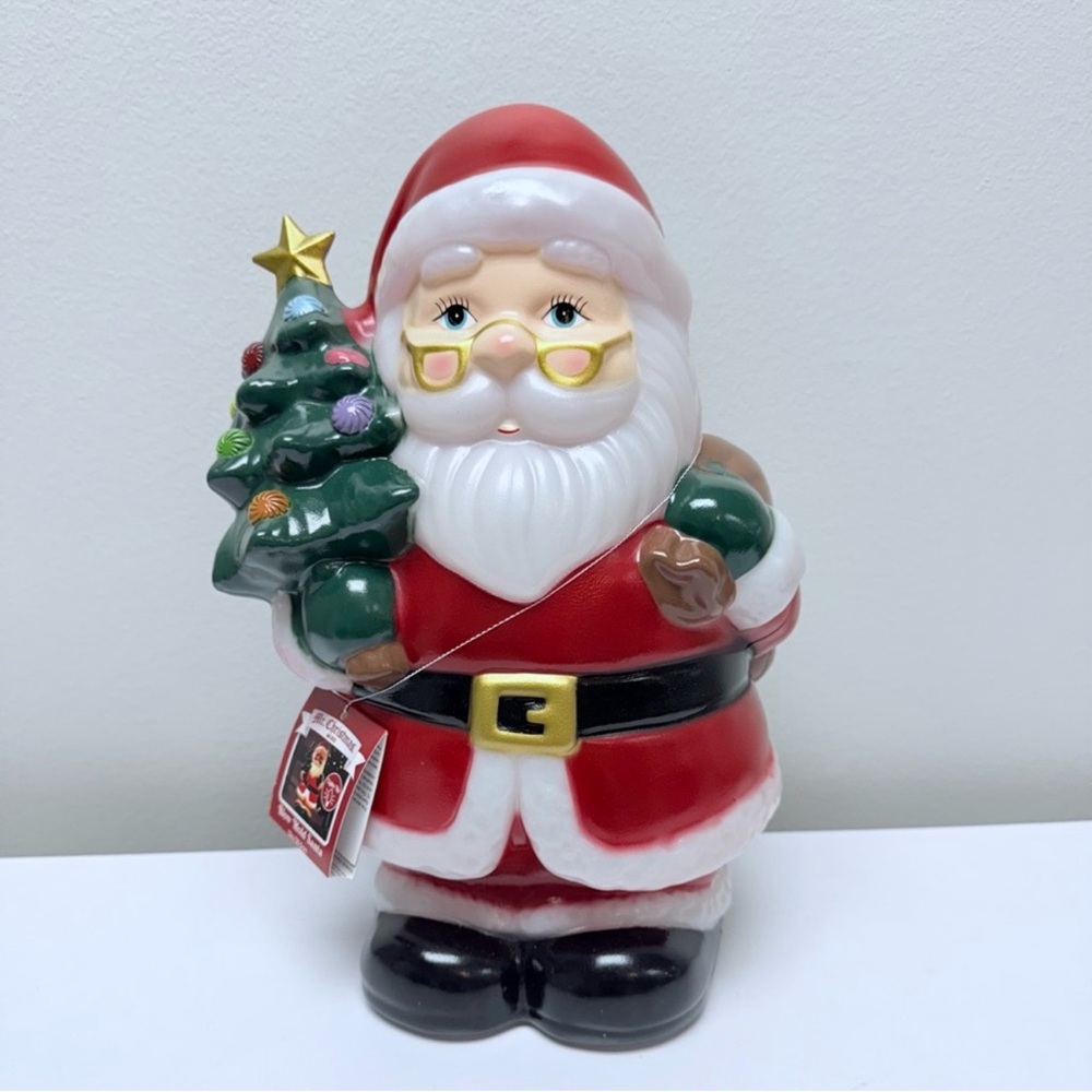 New! Santa holding Christmas Tree 12" Blow Mold, LED Battery Operated